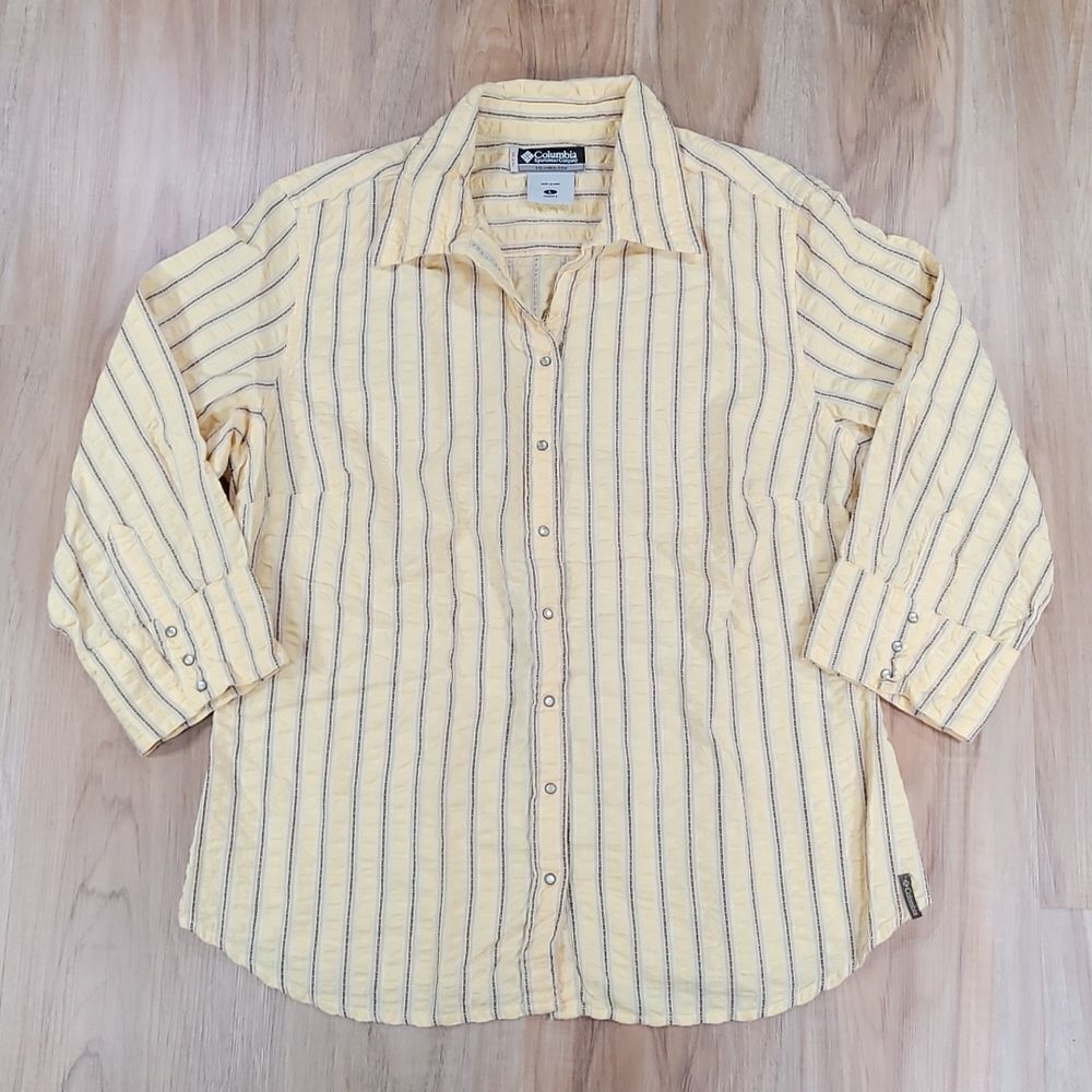 🔹️Columbia Yellow Striped XCD Snap-up 3/4 Sleeve Shirt Large